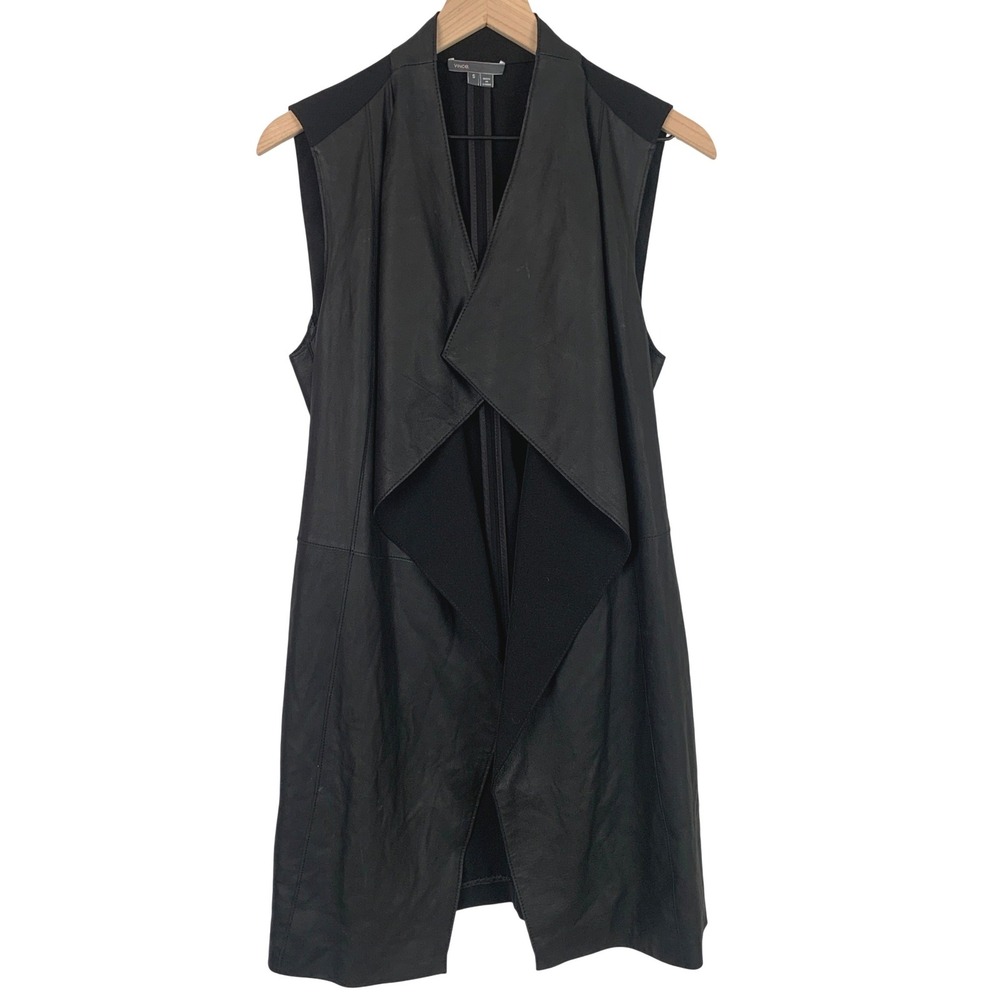 VINCE Goat Leather Draped Open Front Vest Sz S Black Longline Minimalist Fall EC